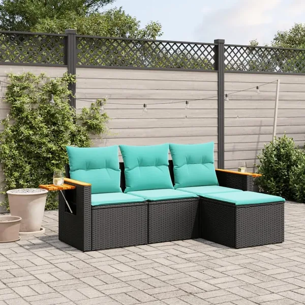 Salon de jardin 4 pcs avec coussins noir résine tressée