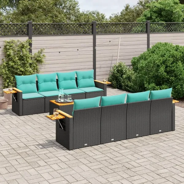 Salon de jardin 9 pcs avec coussins noir résine tressée
