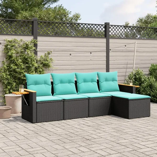 Salon de jardin 5 pcs avec coussins noir résine tressée