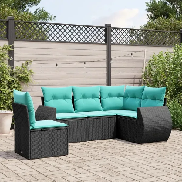Salon de jardin 5 pcs avec coussins noir résine tressée