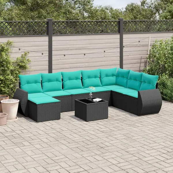 Ensemble de canapé de jardin 9 pcs avec coussins noir résine tressée