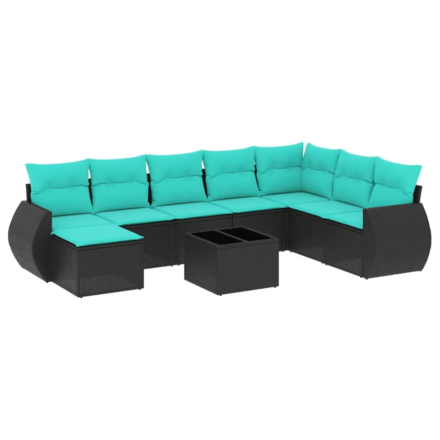 Ensemble de canapé de jardin 9 pcs avec coussins noir résine tressée - 2