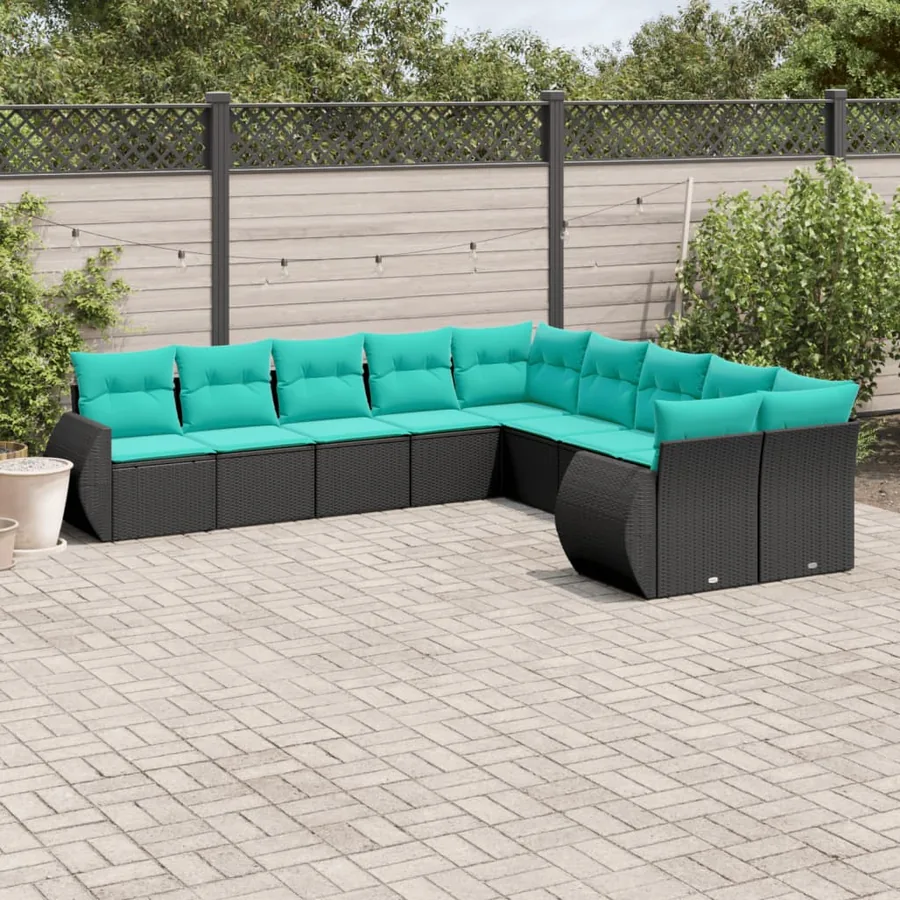 Salon de jardin 10 pcs avec coussins noir résine tressée