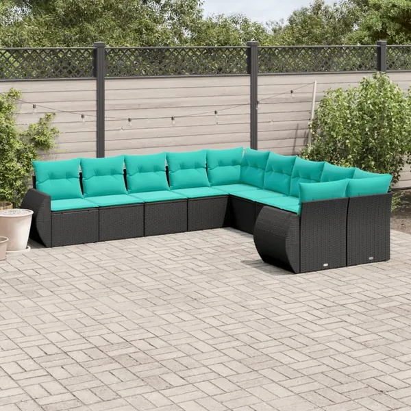 Salon de jardin 10 pcs avec coussins noir résine tressée