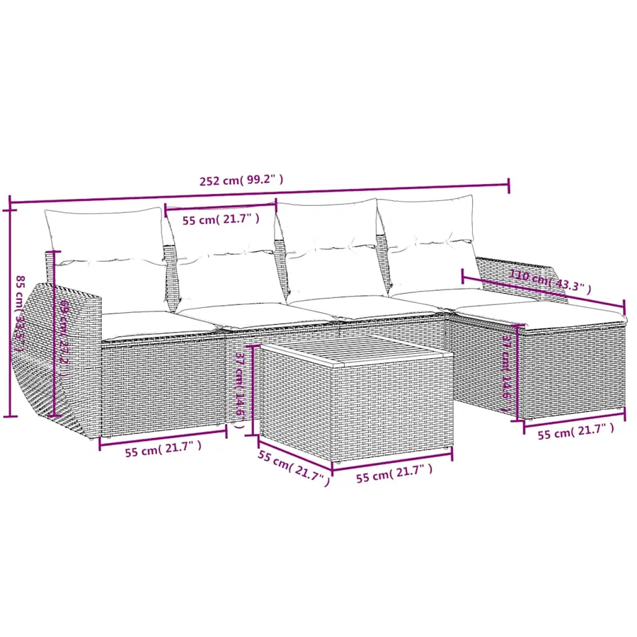 Ensemble de canapé de jardin 6 pcs avec coussins noir résine tressée - 8