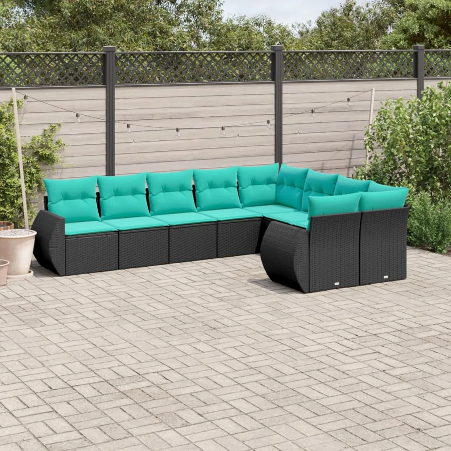 Salon de jardin 9 pcs avec coussins noir résine tressée