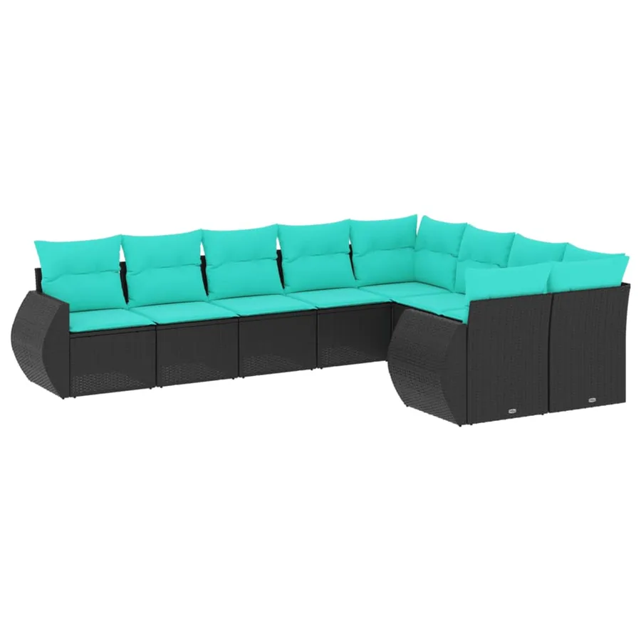 Salon de jardin 9 pcs avec coussins noir résine tressée - 2