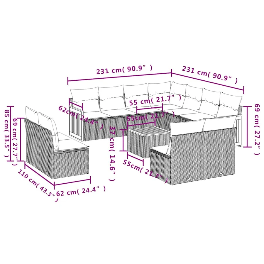 Ensemble de canapé de jardin 12 pcs avec coussins noir résine tressée - 7