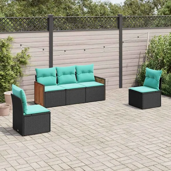 Salon de jardin 5 pcs avec coussins noir résine tressée