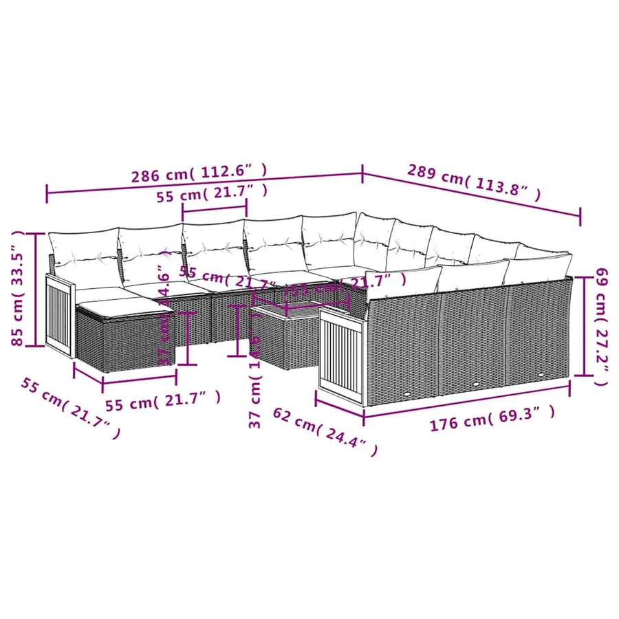 Ensemble de canapé de jardin 13 pcs avec coussins noir résine tressée - 9
