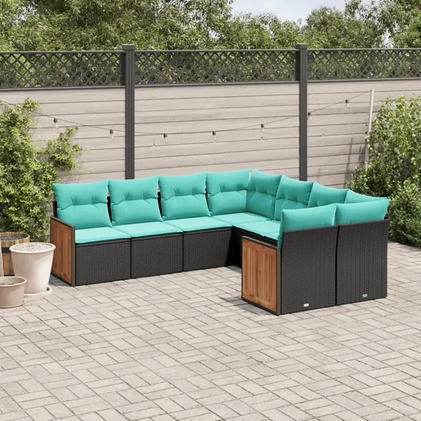 Salon de jardin 8 pcs avec coussins noir résine tressée