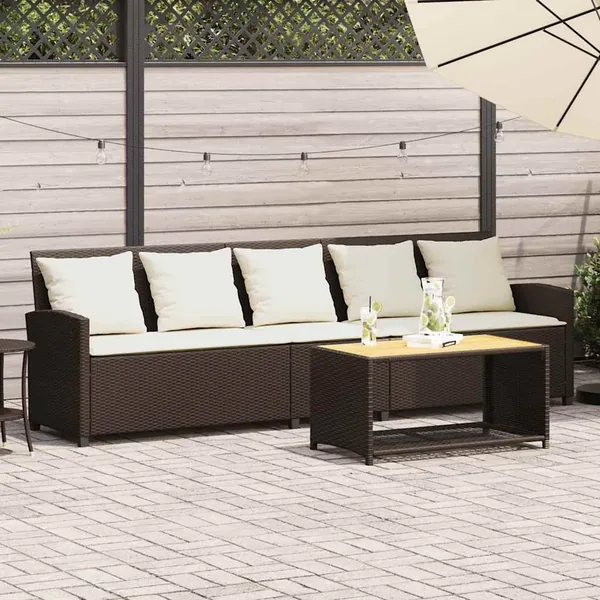 Canapé de jardin avec coussins 5 places brun résine tressée
