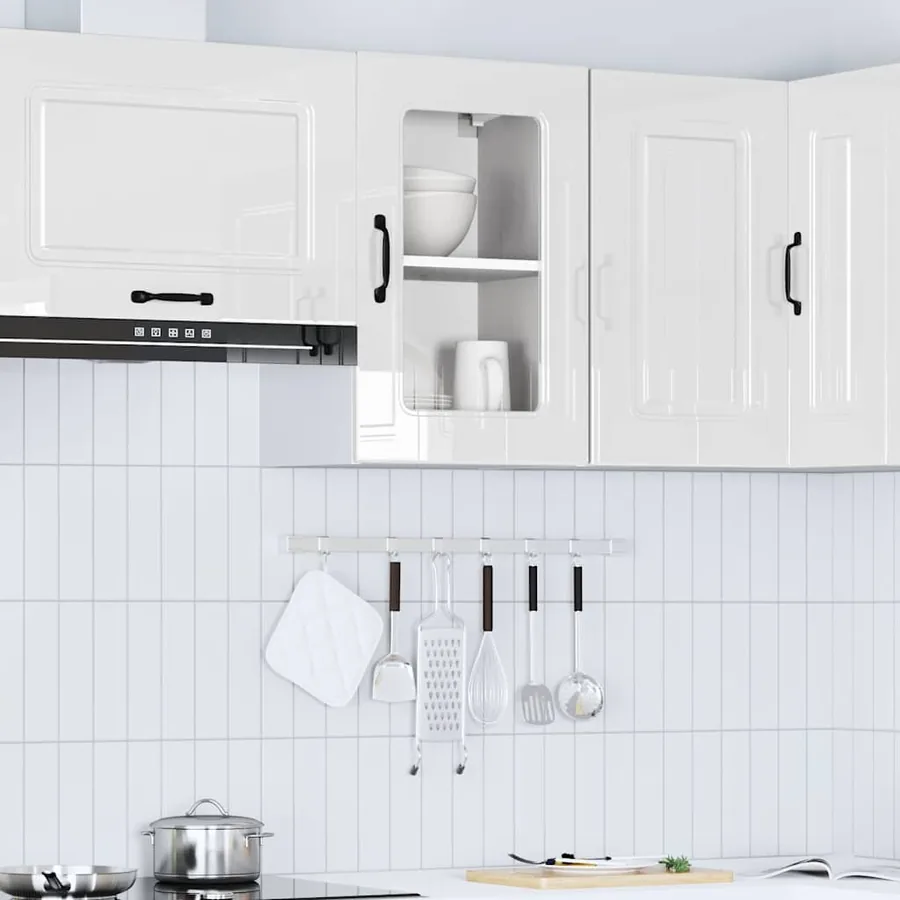 Armoire murale de cuisine avec porte vitrée "Kalmar" Bois d'ingénierie blanc brillant