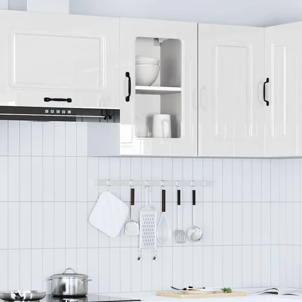 Armoire murale de cuisine avec porte vitrée "Kalmar" Bois d'ingénierie blanc brillant