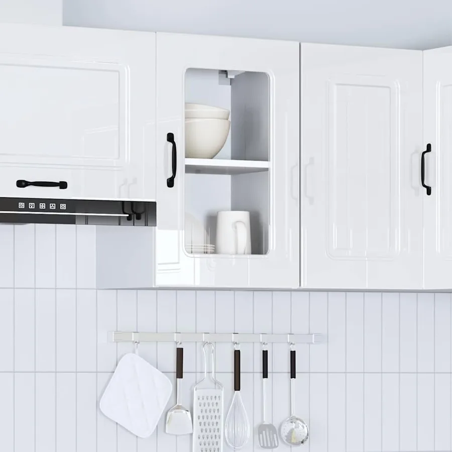 Armoire murale de cuisine avec porte vitrée "Kalmar" Bois d'ingénierie blanc brillant - 4