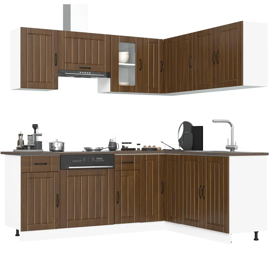 Ensemble de 11 meubles de cuisine en bois d'ingénierie "Kalmar" en chêne brun