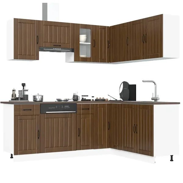 Ensemble de 11 meubles de cuisine en bois d'ingénierie "Kalmar" en chêne brun