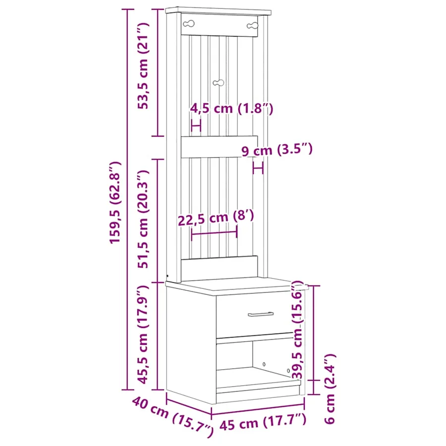 Portemanteau SANDNES 45x40x159,5 cm bois massif pin - 12