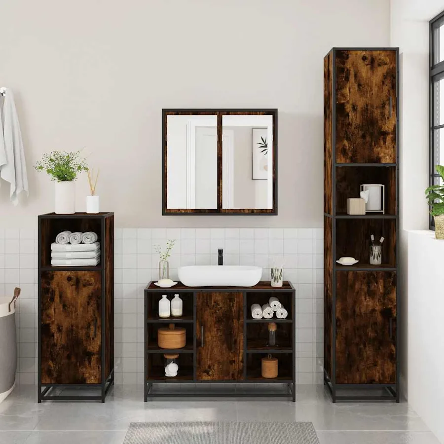 Ensemble meubles salle de bain 4 pcs chêne fumé bois ingénierie - 3