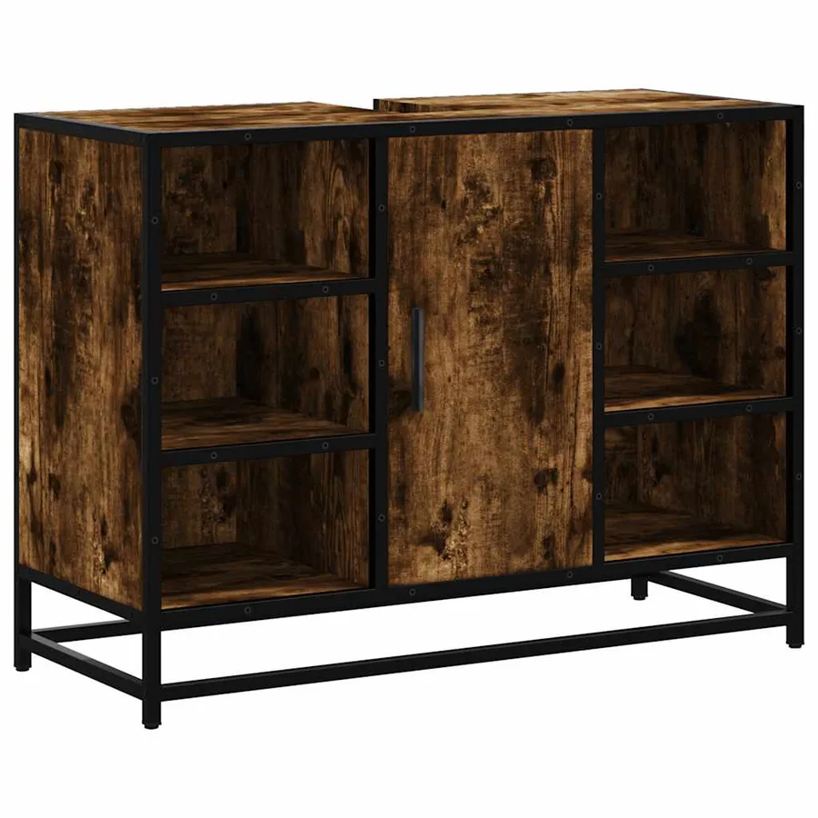 Armoire lavabo de salle de bain chêne fumé bois d'ingénierie - 2