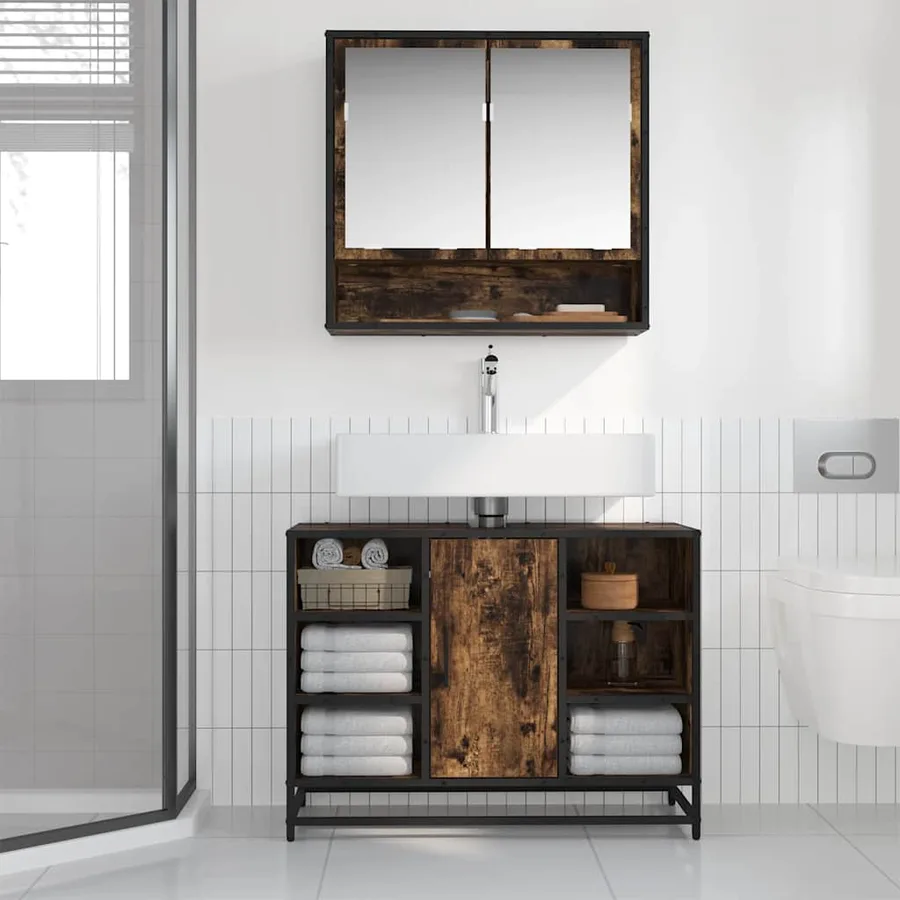 Armoire lavabo de salle de bain chêne fumé bois d'ingénierie - 3