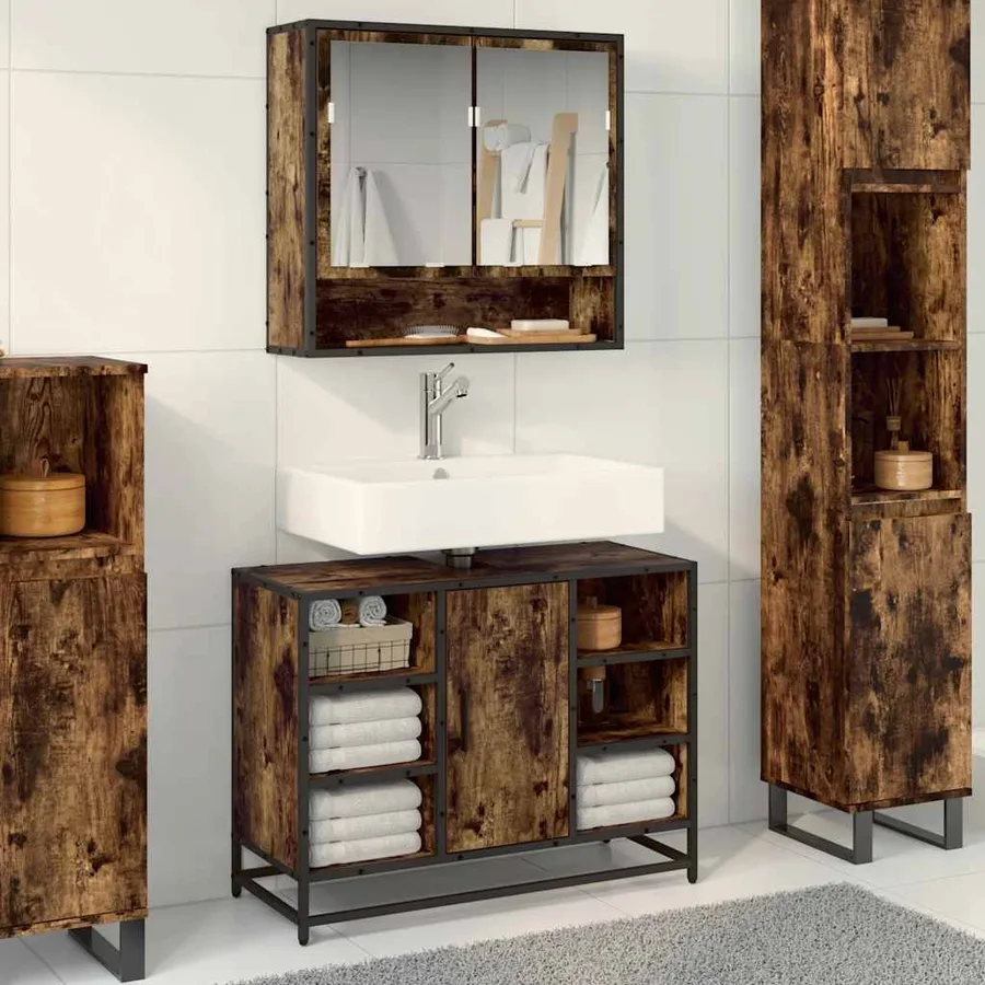 Armoire lavabo de salle de bain chêne fumé bois d'ingénierie - 4
