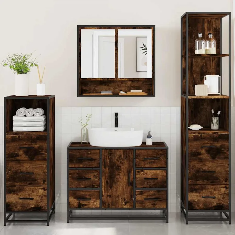 Ensemble meubles salle de bain 4 pcs chêne fumé bois ingénierie - 3