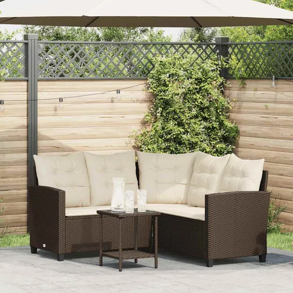 Canapé de jardin en L avec table et coussins marron résine tressée