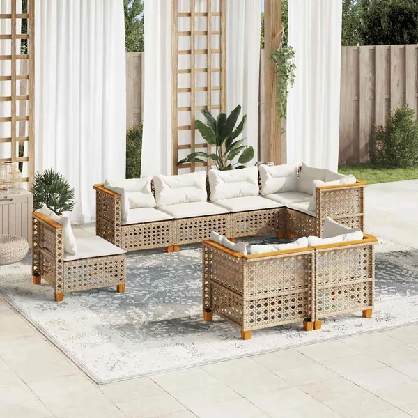 Salon de jardin avec coussins 8 pcs beige résine tressée