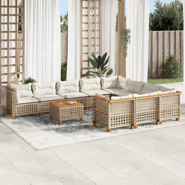 Salon de jardin 11 pcs avec coussins beige résine tressée