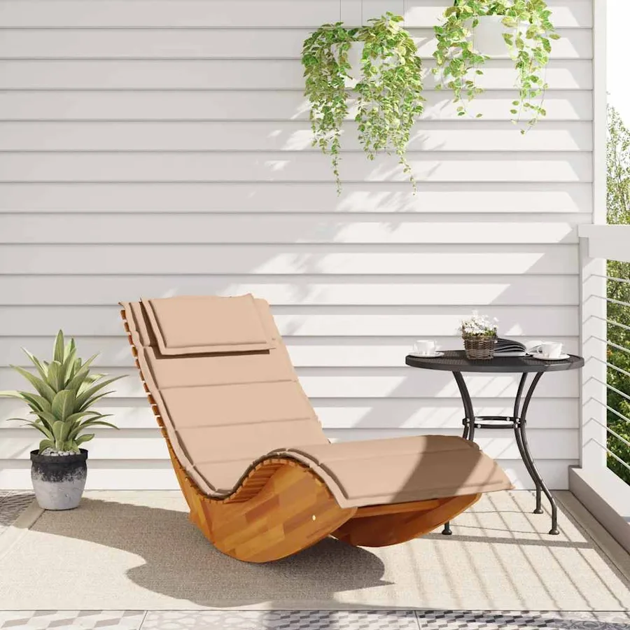 Chaise longue à bascule avec coussin en bois massif d'acacia - 3