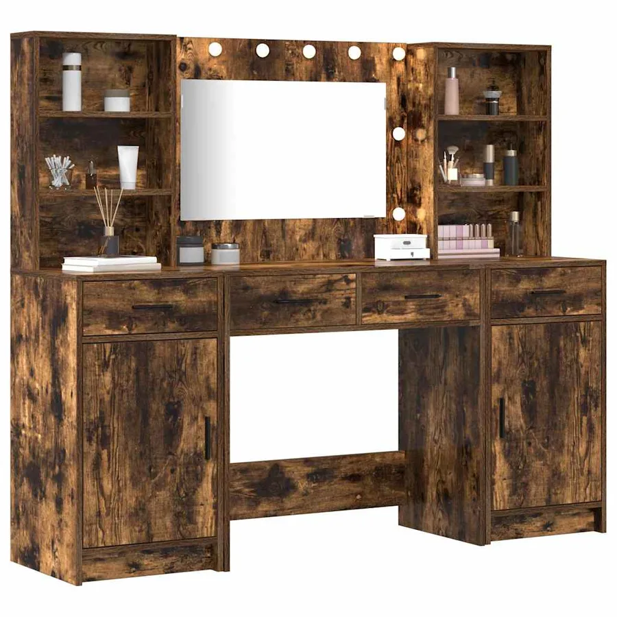 Ensemble de table de maquillage avec LED 3 pcs Chêne fumé - 3