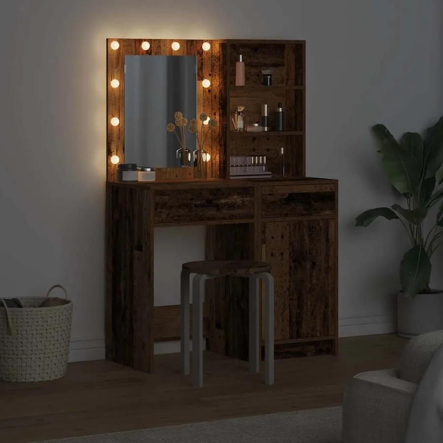 Ensemble de table de maquillage avec LED 2 pcs Bois ancien - 4