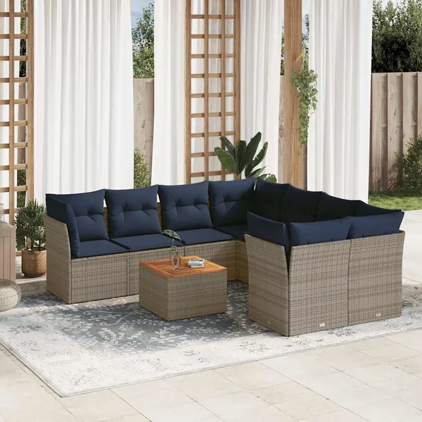 Salon de jardin 9 pcs avec coussins gris résine tressée