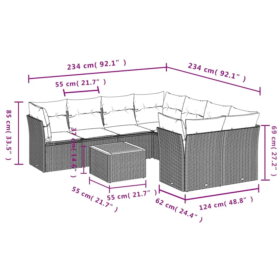 Salon de jardin 9 pcs avec coussins gris résine tressée - 10