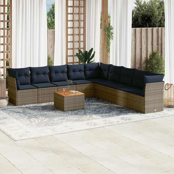 Salon de jardin 10 pcs avec coussins gris résine tressée