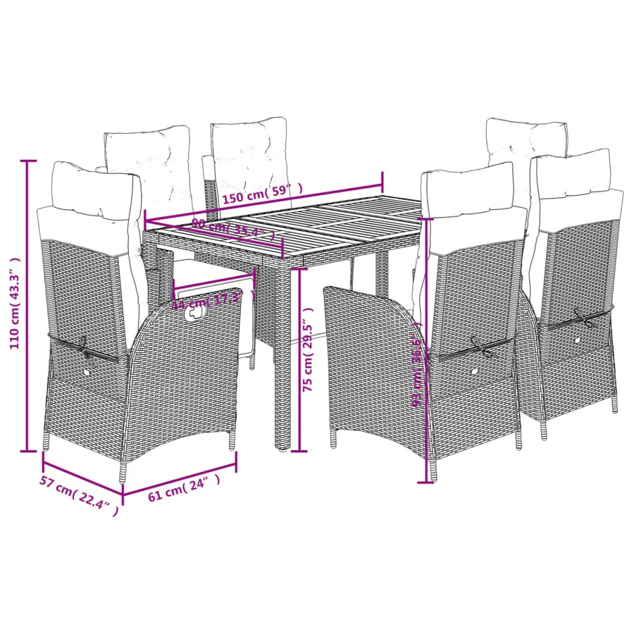Ensemble à manger de jardin coussins 7pcs Noir Résine tressée - 12