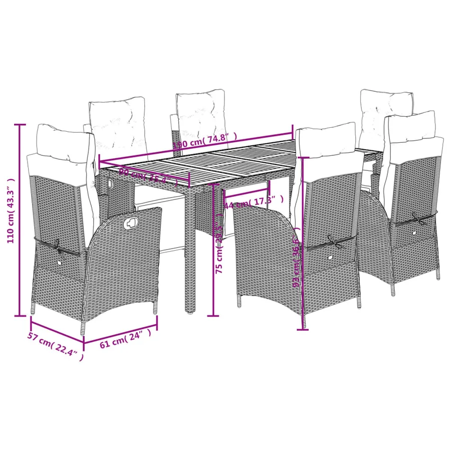 Ensemble à manger de jardin coussins 7pcs Noir Résine tressée - 9