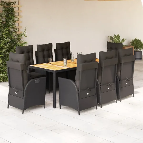 Ensemble à manger de jardin 9pcs coussins noir résine tressée
