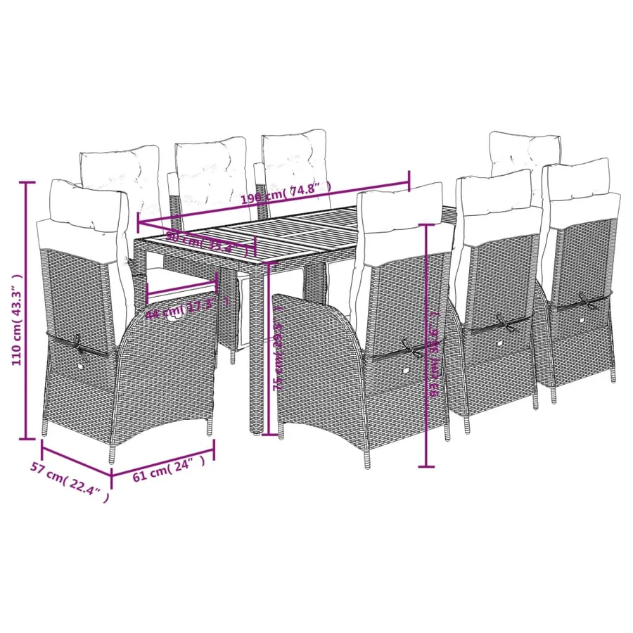 Ensemble à manger de jardin 9pcs coussins noir résine tressée - 9