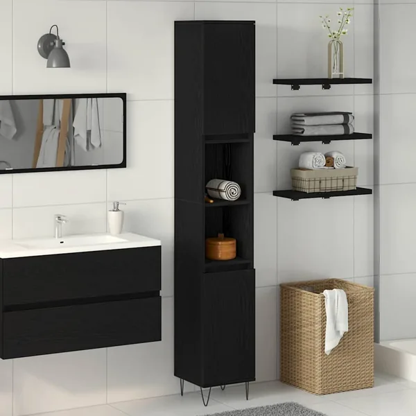 Cabinet de salle de bain avec porte Chêne noir 30 x 30 x 190 cm