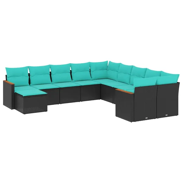 Salon de jardin 11 pcs avec coussins noir résine tressée