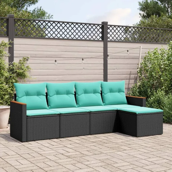 Salon de jardin 5 pcs avec coussins noir résine tressée