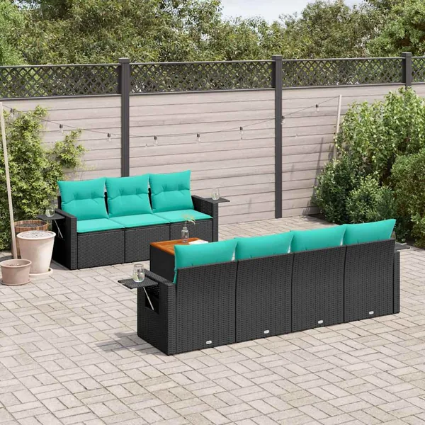 Ensemble de canapé de jardin 8 pcs avec coussins noir résine tressée