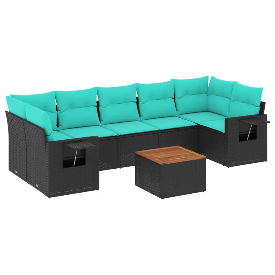 Ensemble de canapé de jardin 8 pcs avec coussins noir résine tressée - 2