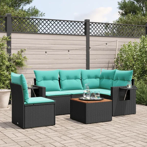 Ensemble de canapé de jardin 6 pcs avec coussins noir résine tressée