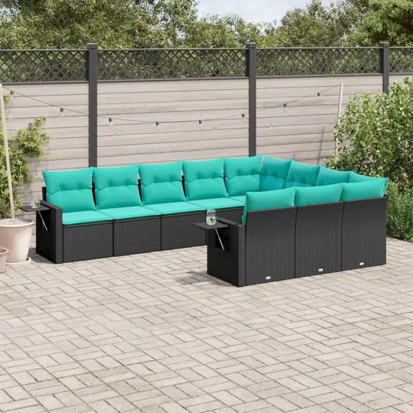 Salon de jardin 10 pcs avec coussins noir résine tressée