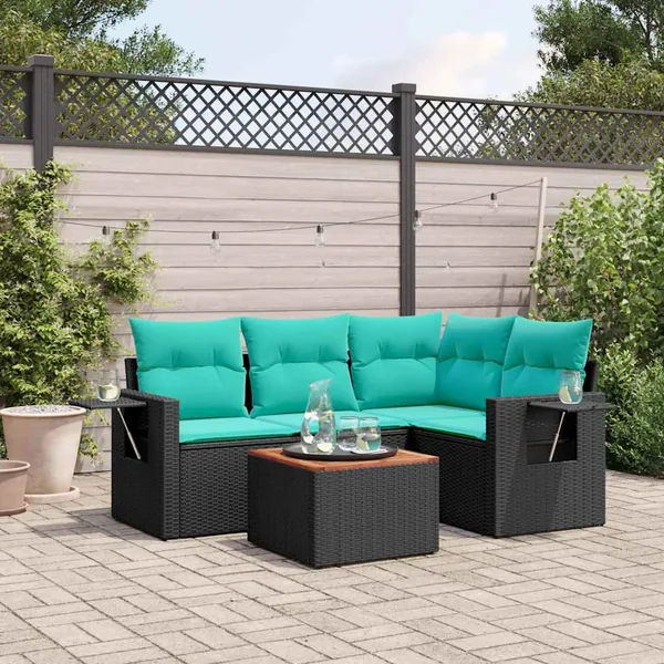 Ensemble de canapé de jardin 5 pcs avec coussins noir résine tressée