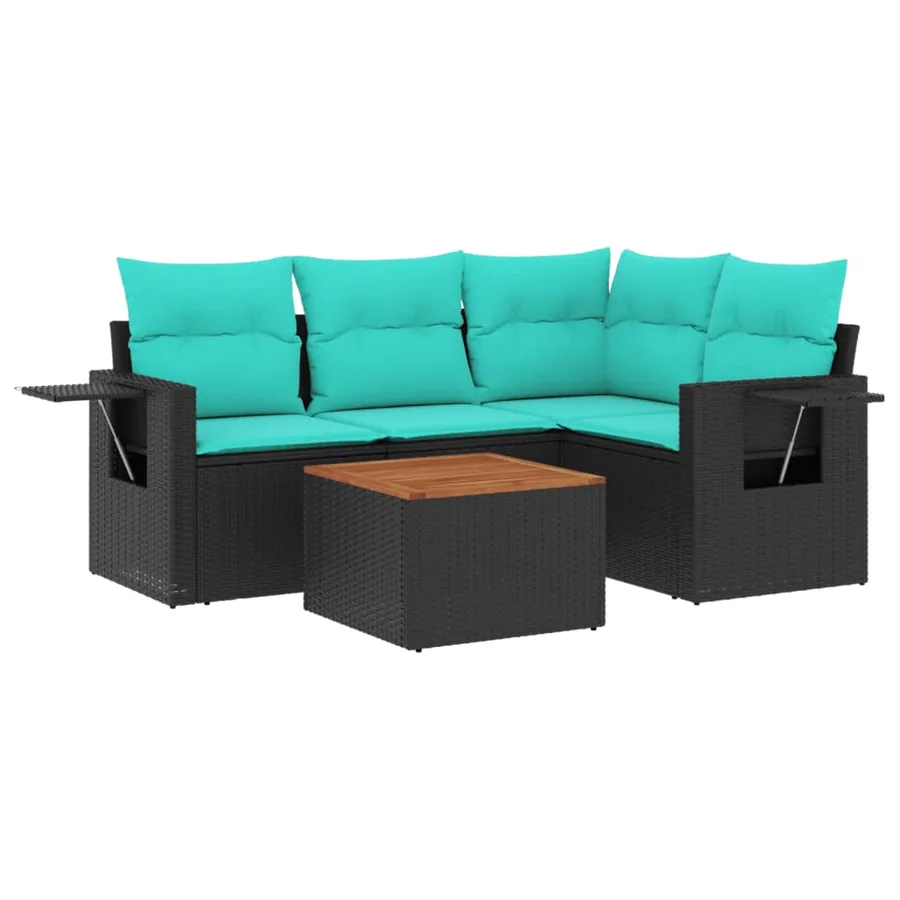 Ensemble de canapé de jardin 5 pcs avec coussins noir résine tressée - 2