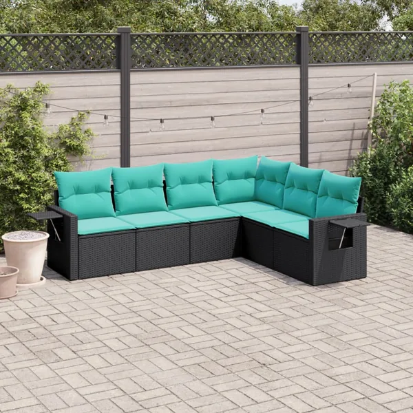 Salon de jardin 6 pcs avec coussins noir résine tressée